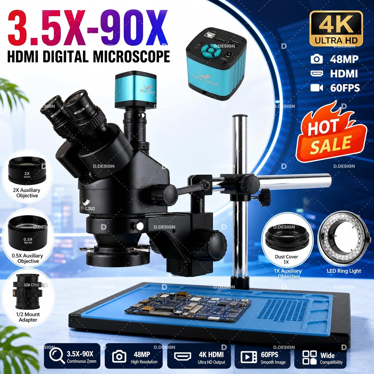 Simul-Focal Industrial Microscope 4K Hdmi - 3,5X-100X Industrielles Labor-Stereomikroskop mit Simul-Fokal-Einstellung +
