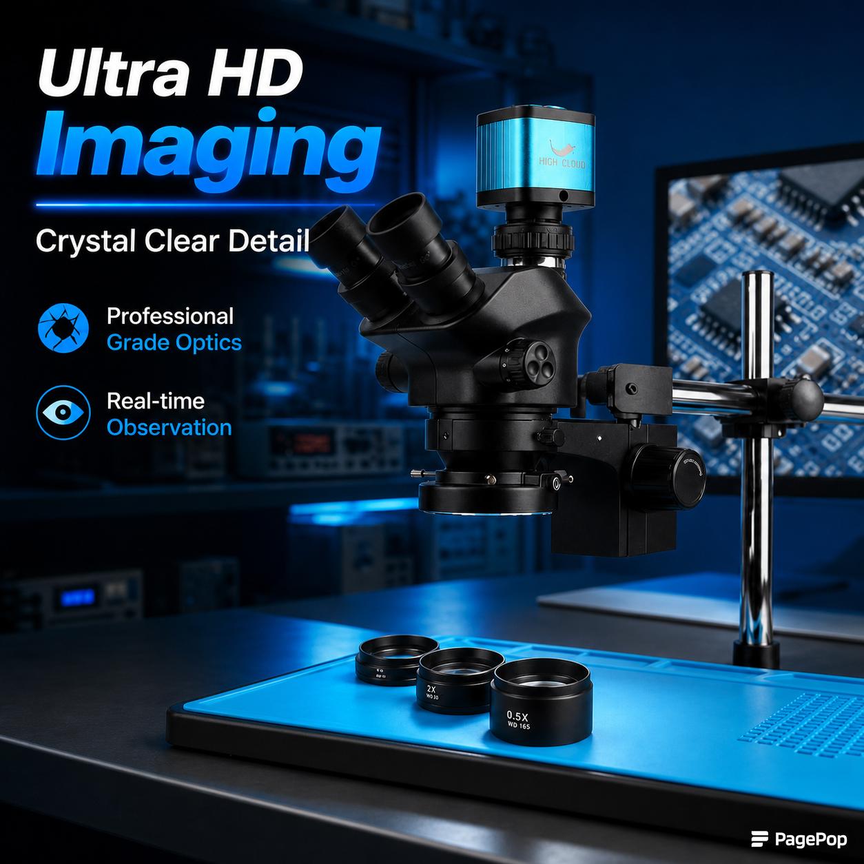 Simul-Focal Industrial Microscope 4K Hdmi - Industrielles Labor-Stereomikroskop mit Simul-Fokaler Einstellung, Trinokular,